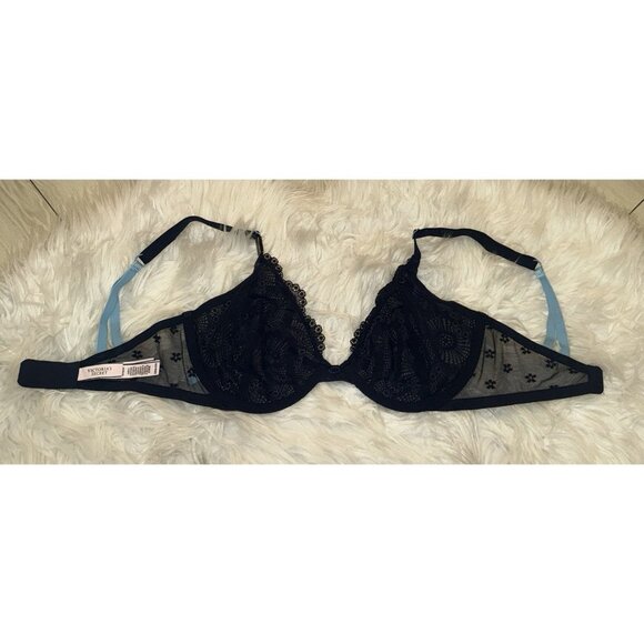 Victorias Secret Unlined Demi Bra Lace Semi Sheer Womens 32DD Blue New - Picture 5 of 7